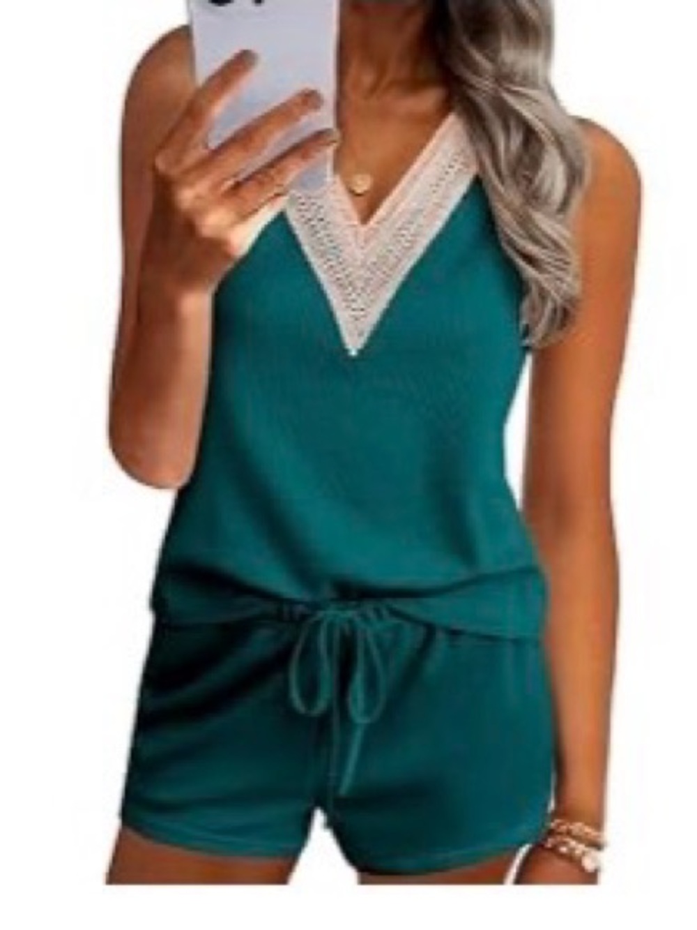 Comfort Knit Sleep Set with Cream Crochet Trim - Teal